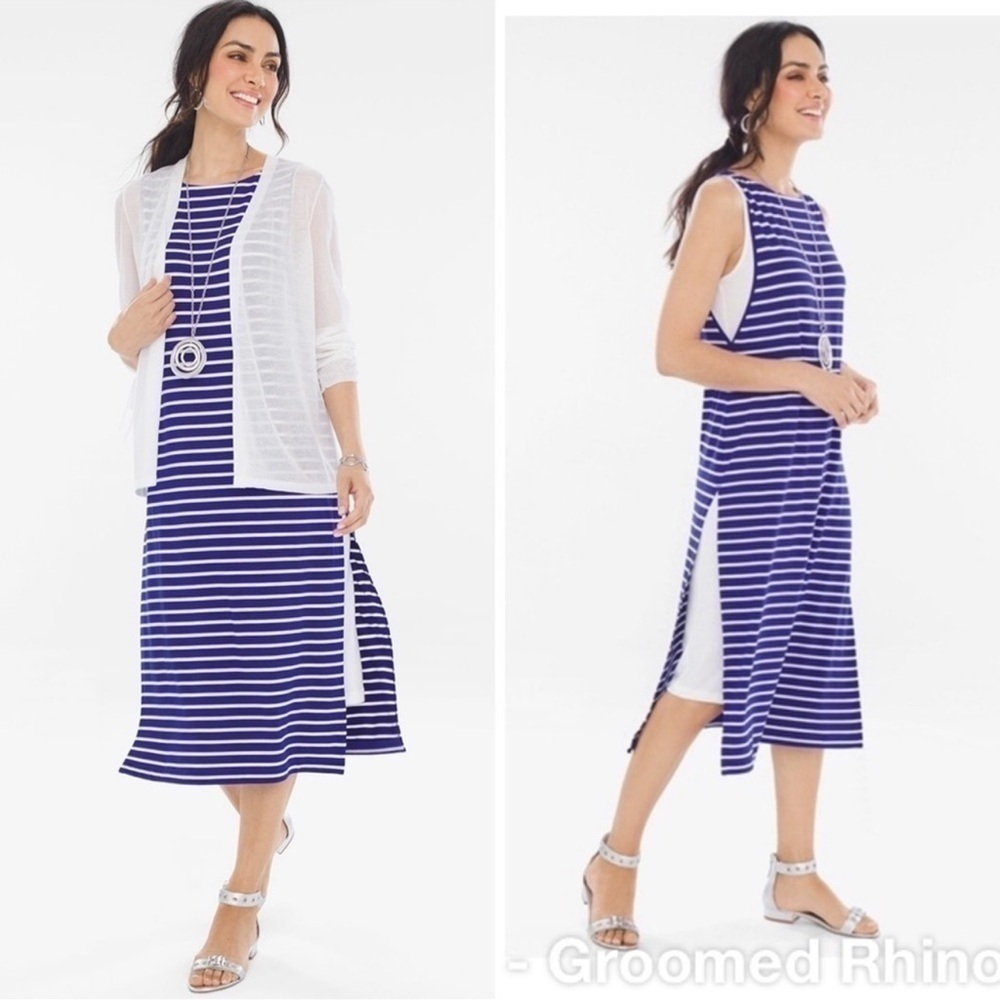 Chicos Midi Dress Womens XL Double Layer Soft Stretch Beachy Nautical Comfy